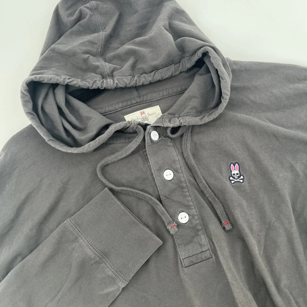 Psycho Bunny XL Gray Pullover Hoodie Henley Long Sleeve Kangaroo Pocket Cotton